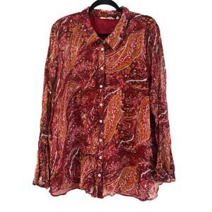Soft Surroundings Women’s Blouse 3X Red Paisley Sheer Button Front Long Sleeve